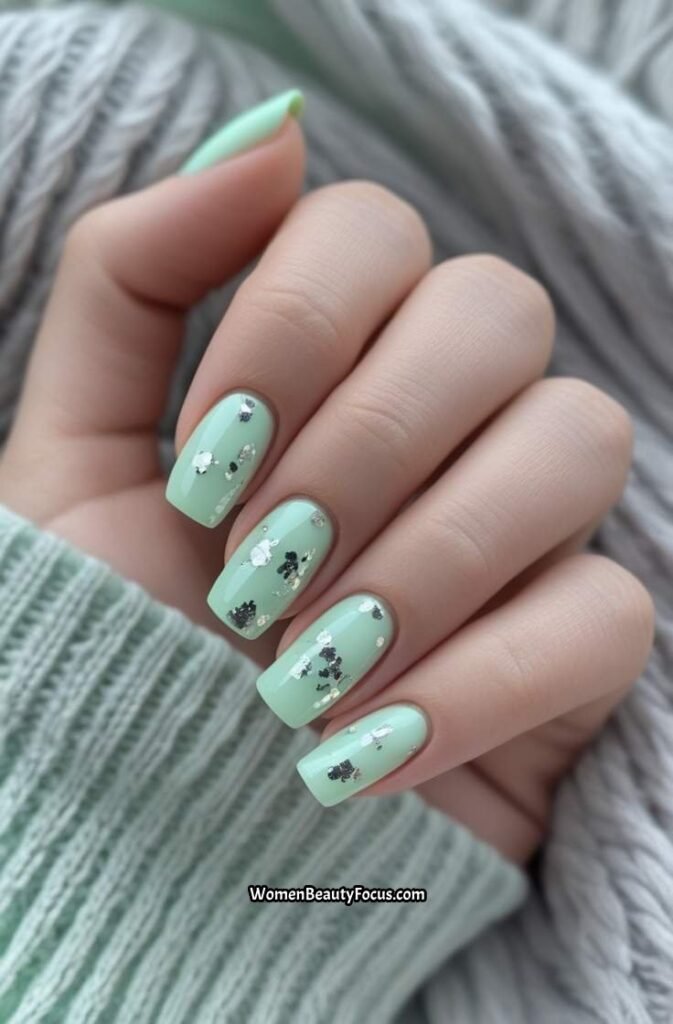 10. Soft Mint Green Nails with Silver Foil