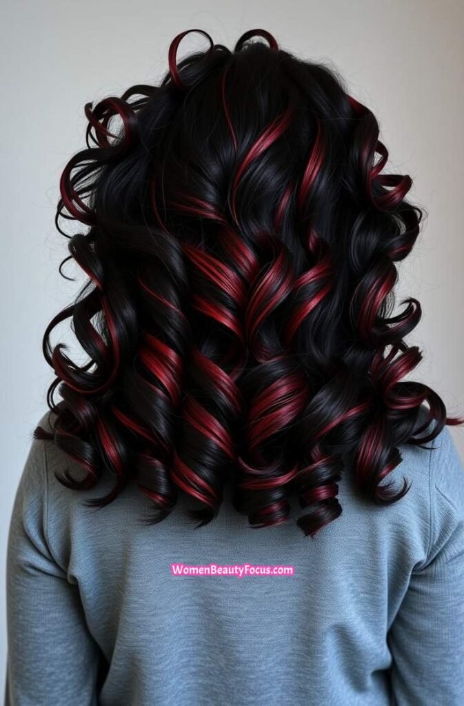 10. Voluminous Curls with Red Highlights Back View