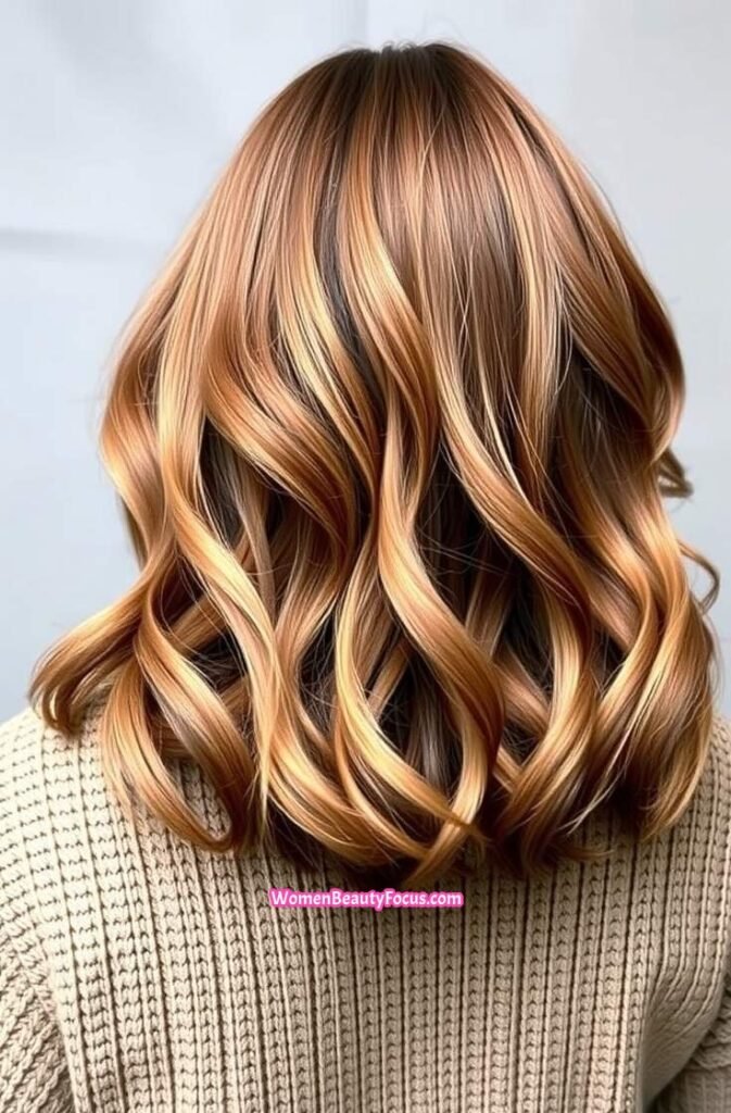 10. Wavy Copper Balayage on Shoulder Length Hair Back View