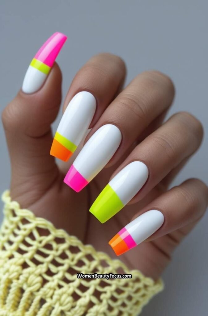 10. White Coffin Nails with Neon Rainbow Tips