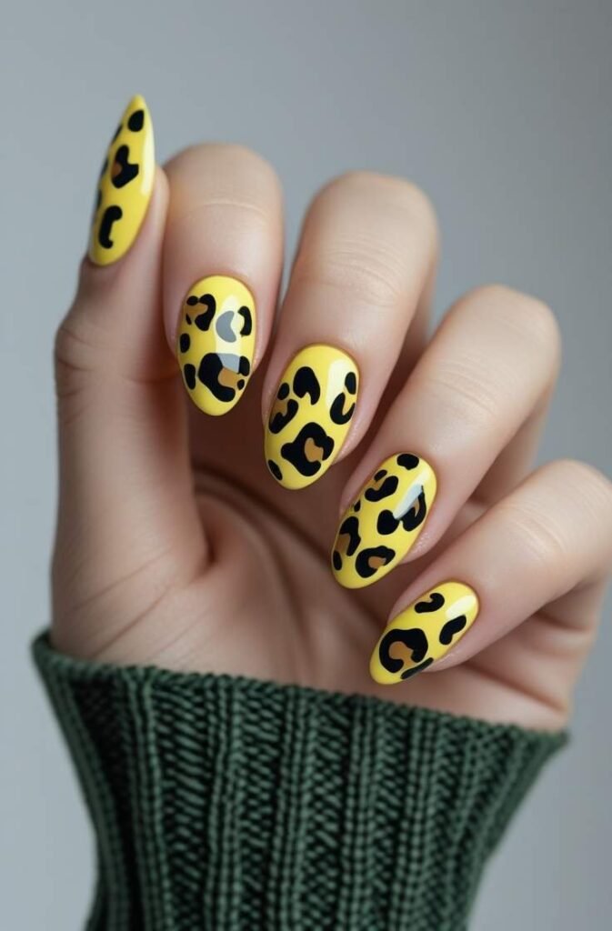 10. Yellow and Black Leopard Print Nails