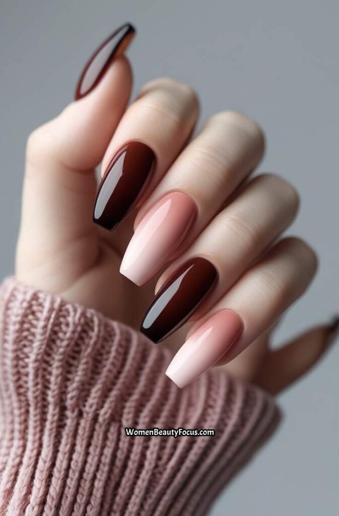 11. Cherry Brown and Blush Gradient Nails