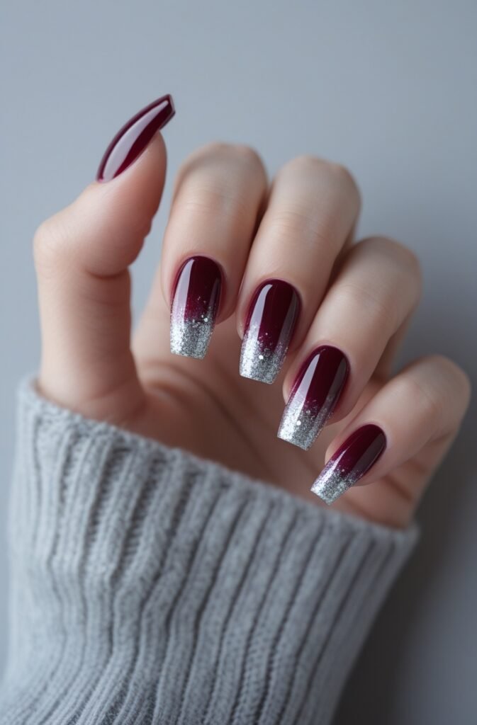 11. Cherry Nails with Silver Glitter Gradient