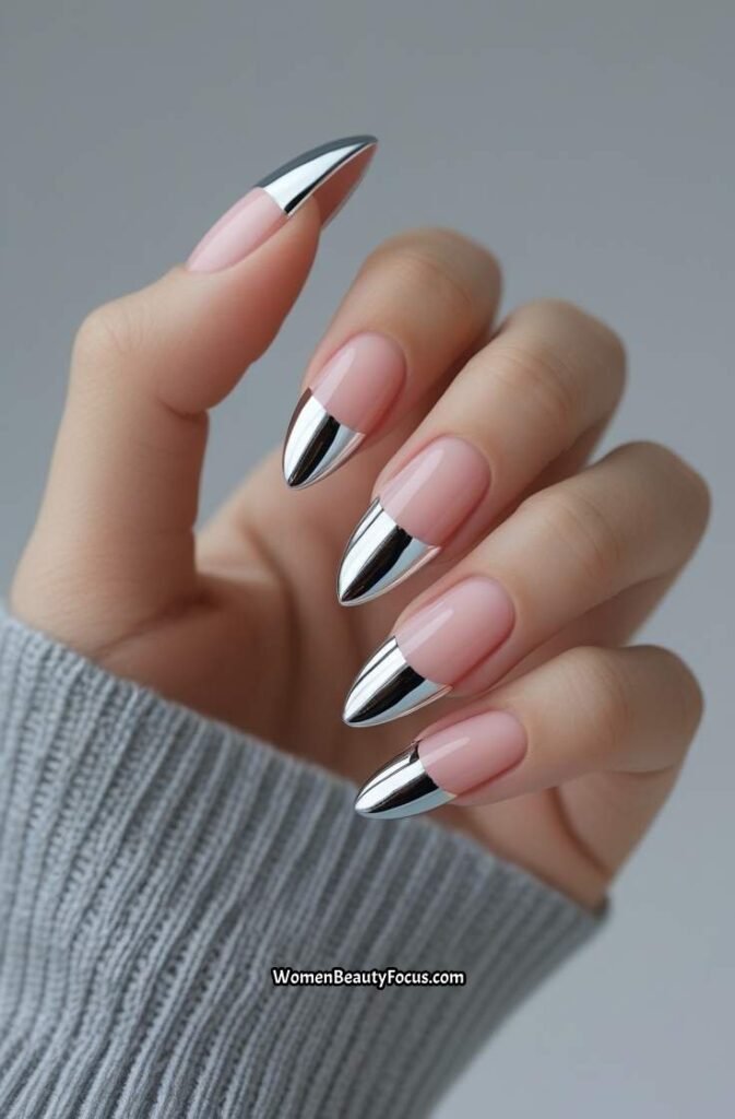 11. Chrome French Tips on Sheer Pink Ba