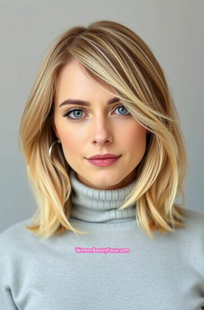 11. Golden Blonde Lob with Side Swept Bangs FrontStraight View