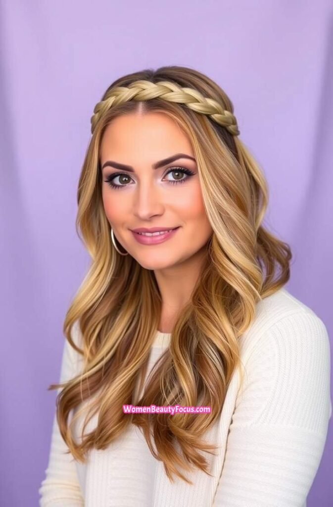 11. Half Up Braided Crown with Loose Waves Front View