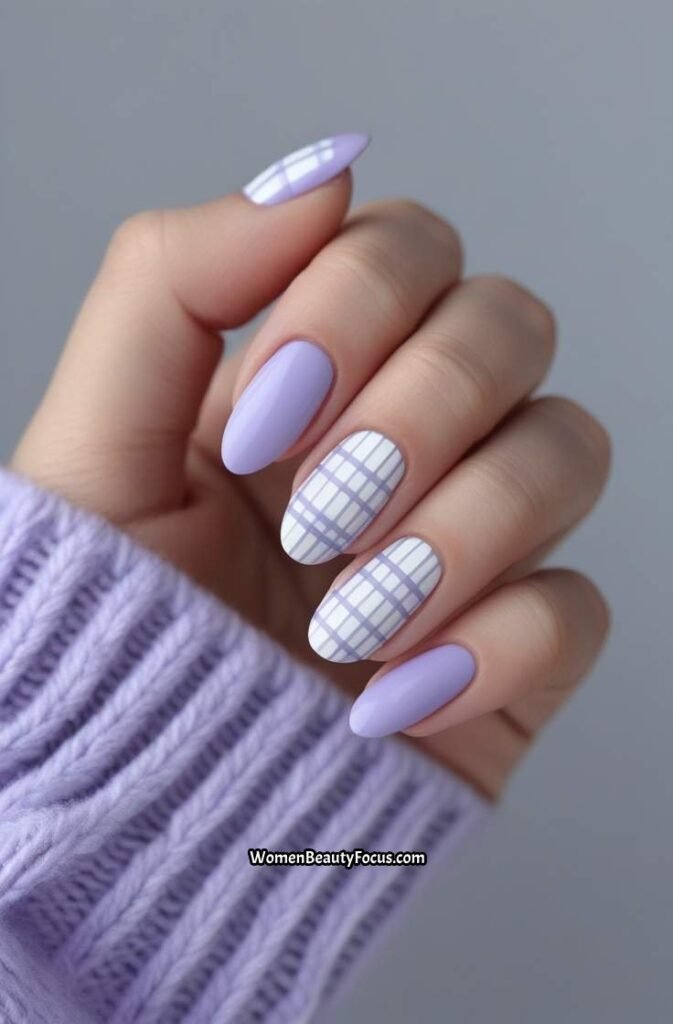 11. Lavender and Grey Plaid Nails
