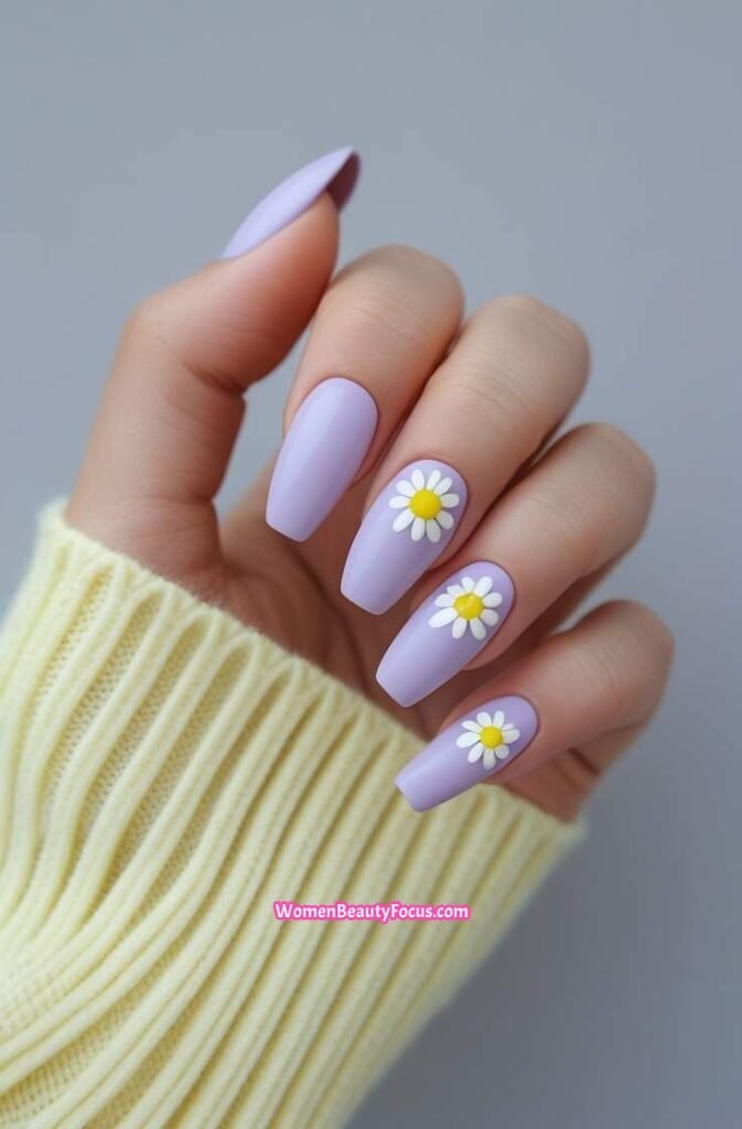 11. Lilac Nails with Daisy Accents