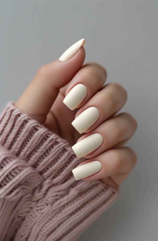 11. Matte Cream Nails with Square Shape