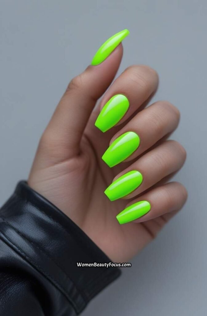 11. Neon Green Nails with High Gloss Finish