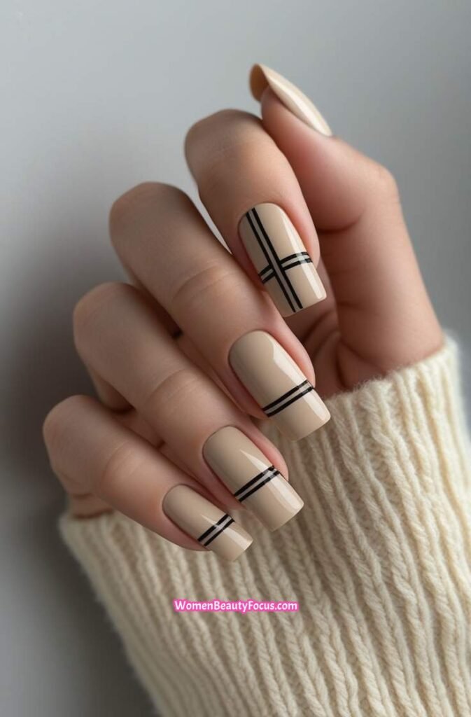11. Neutral Beige Nails with Thin Black Lines