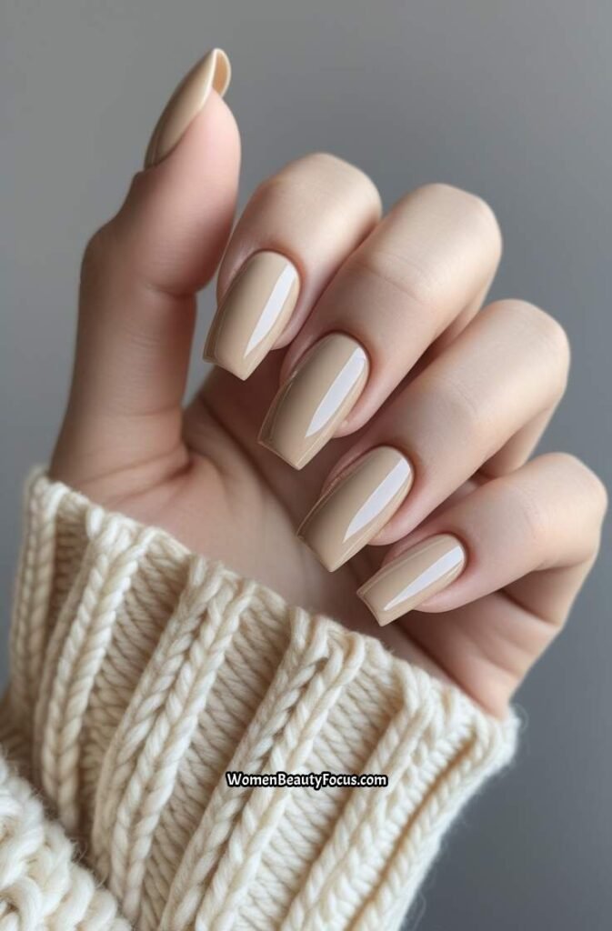 11. Neutral Beige Short Acrylic Nails with Gloss Finish