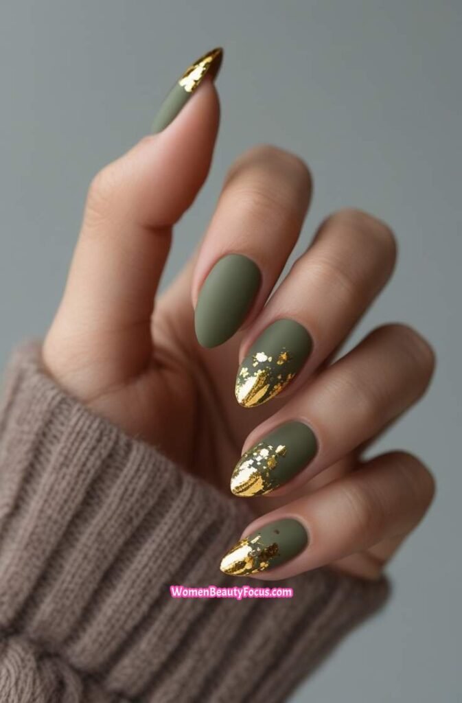11. Olive and Gold Foil Accent Nails