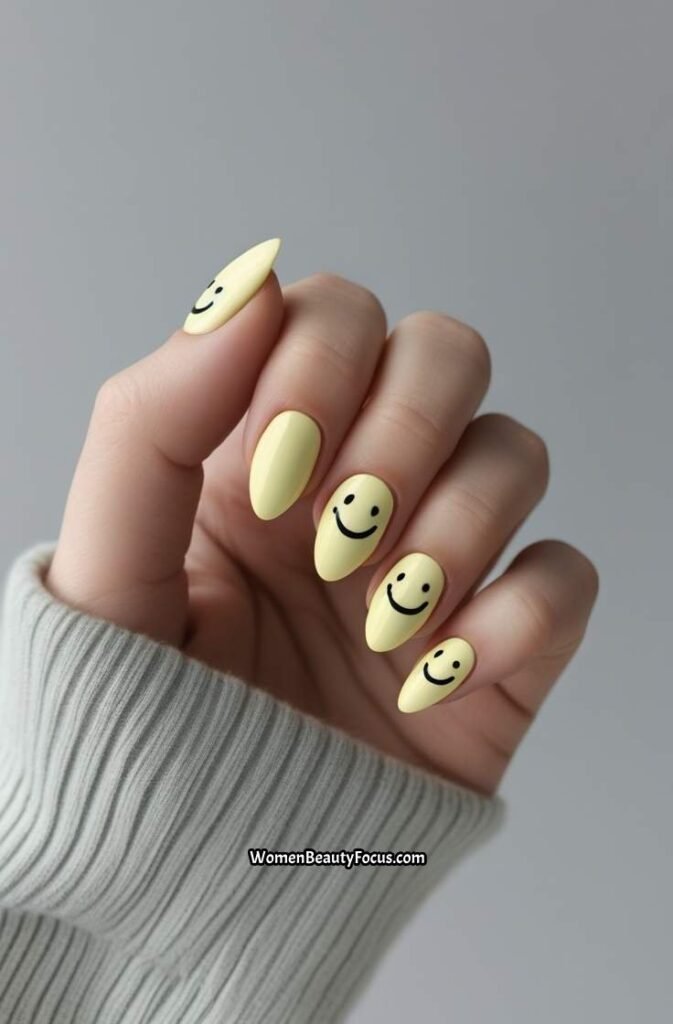 11. Pale Yellow Nails with Smiley Faces