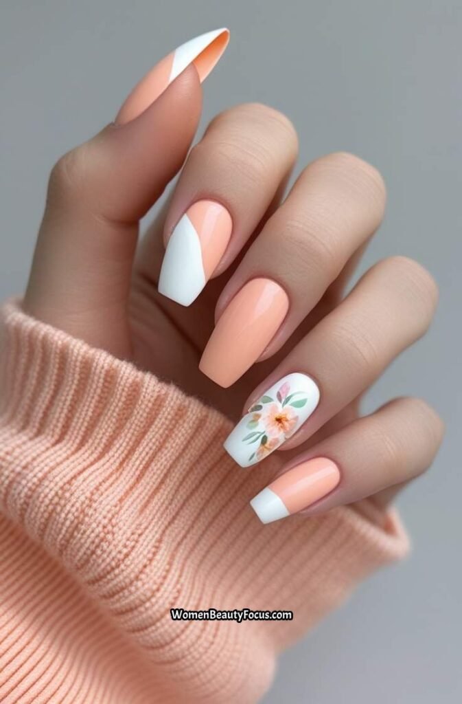 11. Peach French Tips with Floral Accents