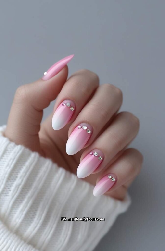 11. Pink Ombre Nails with Rhinestones