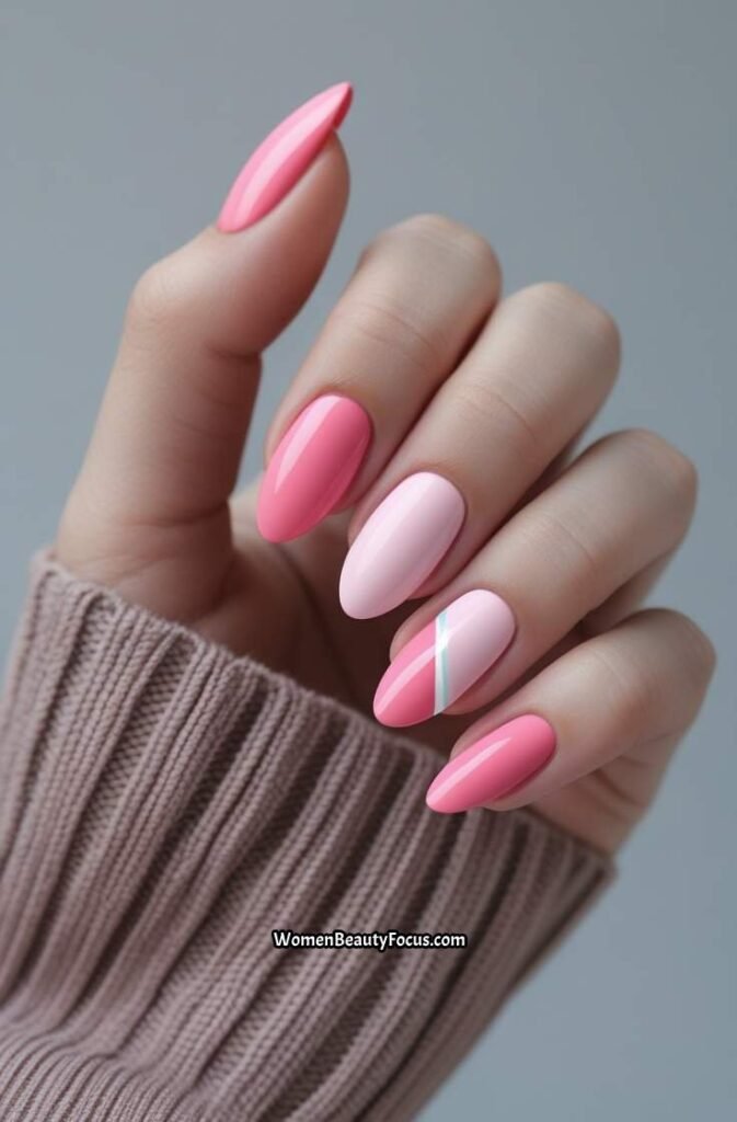 11. Pink and Color Block Nails