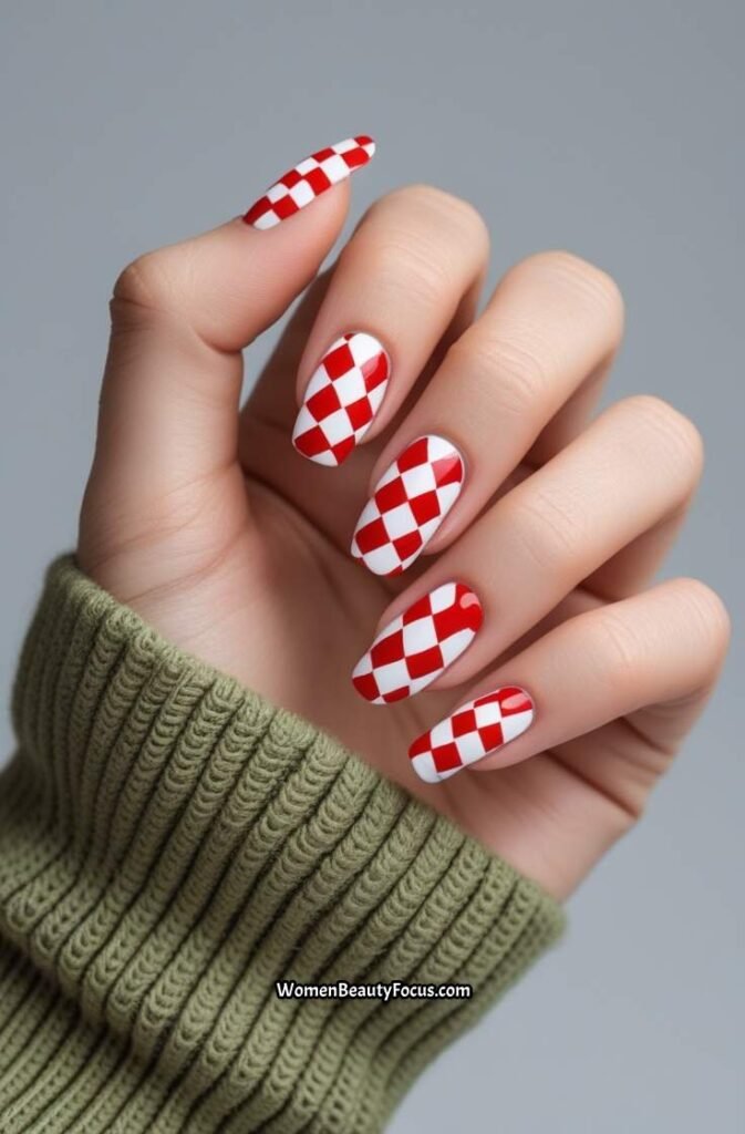11. Red and White Checkerboard Nails