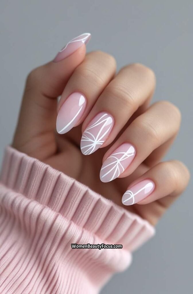 11. Sheer Pink Nails with White Line Art