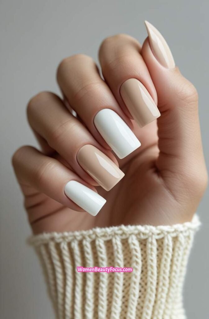 11. Soft Beige and White Square Nails