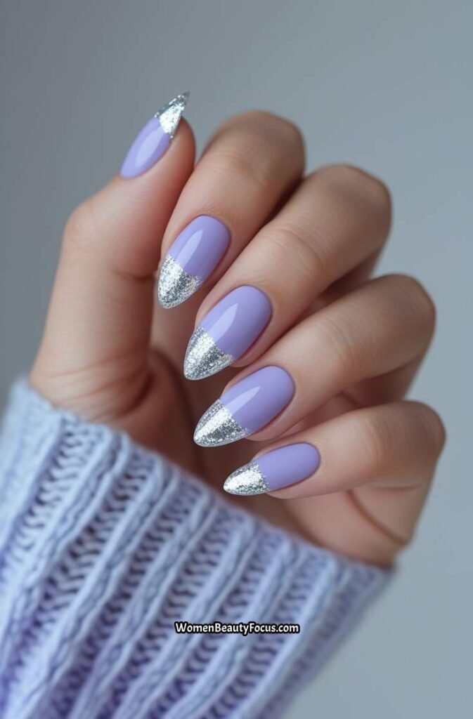 11. Soft Lavender Nails with Silver Glitter Tips