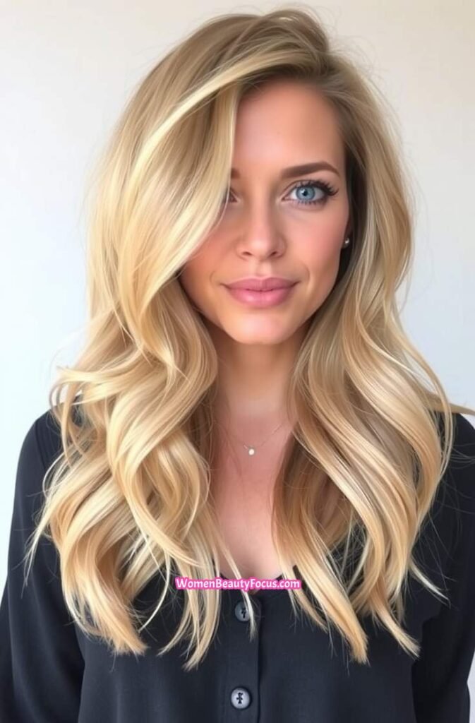 11. Soft Sandy Blonde Waves with Side Part FrontStraight View