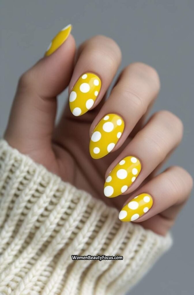 11. Sunny Yellow Nails with White Polka Dots