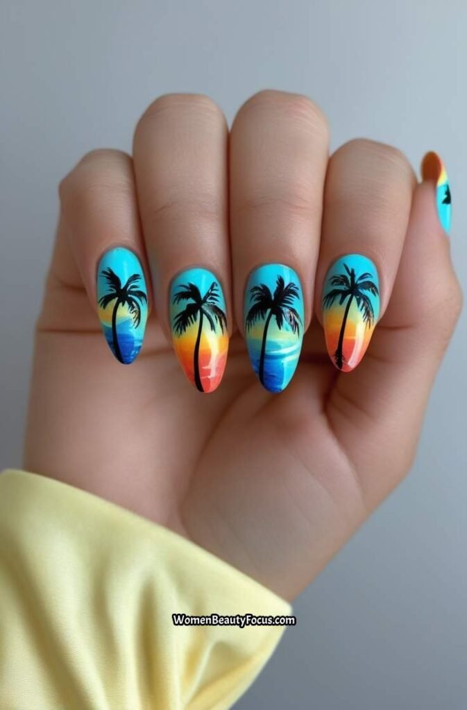 11. Tropical Palm Tree Nail Art