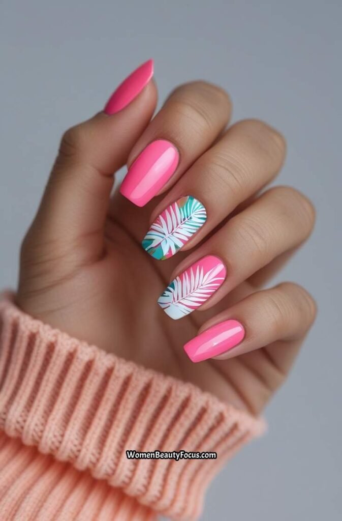 11. Tropical Pink Nails with White Palm Leaves
