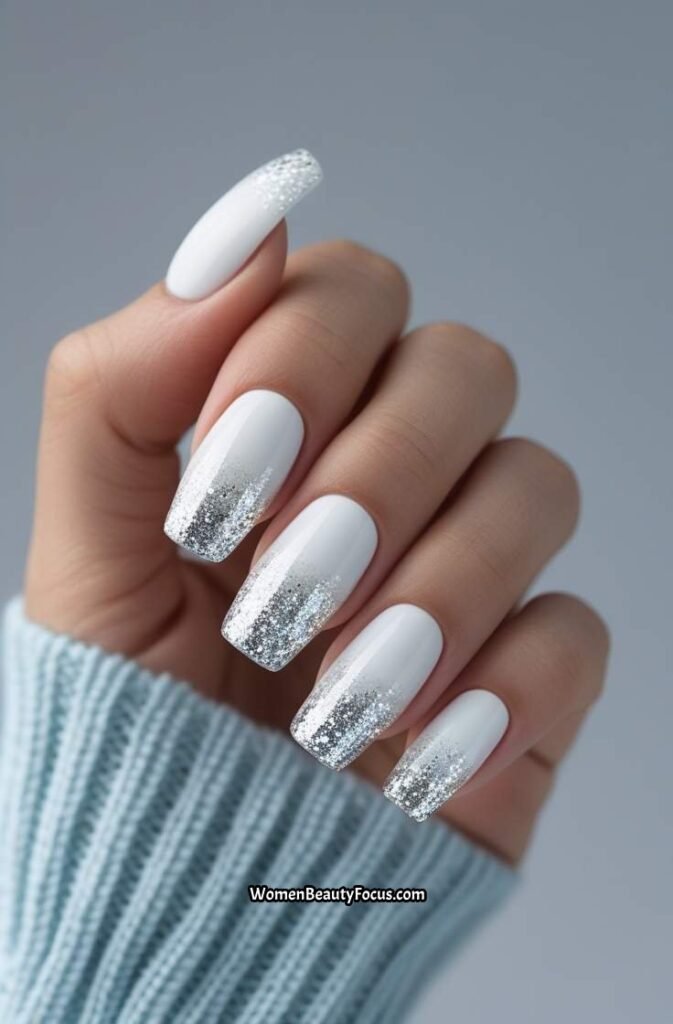 11. White Glitter Gradient Nails