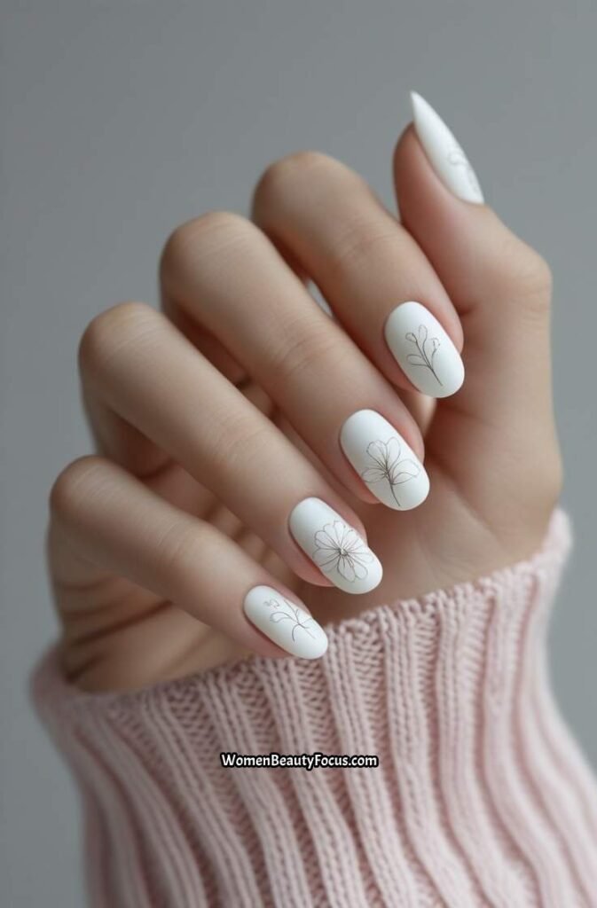 11. White Nails with Subtle Floral Designs