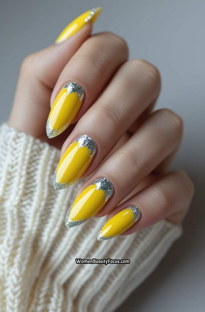 11. Yellow Nails with Silver Glitter Accents 1