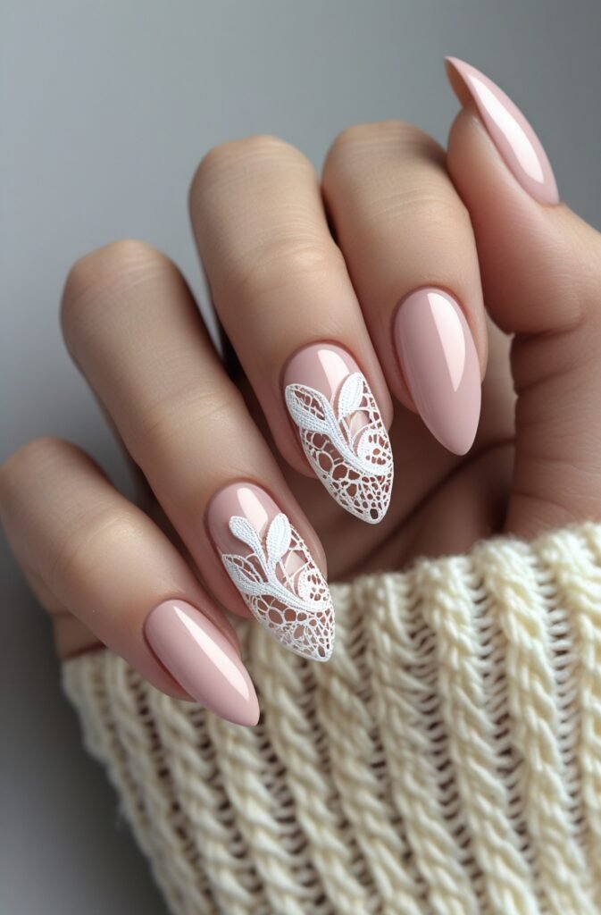 12. Almond Nails with White Lace Detailing 1