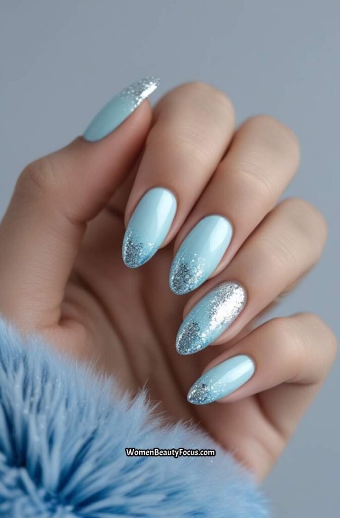 12. Baby Blue Nails with Silver Glitter Tips