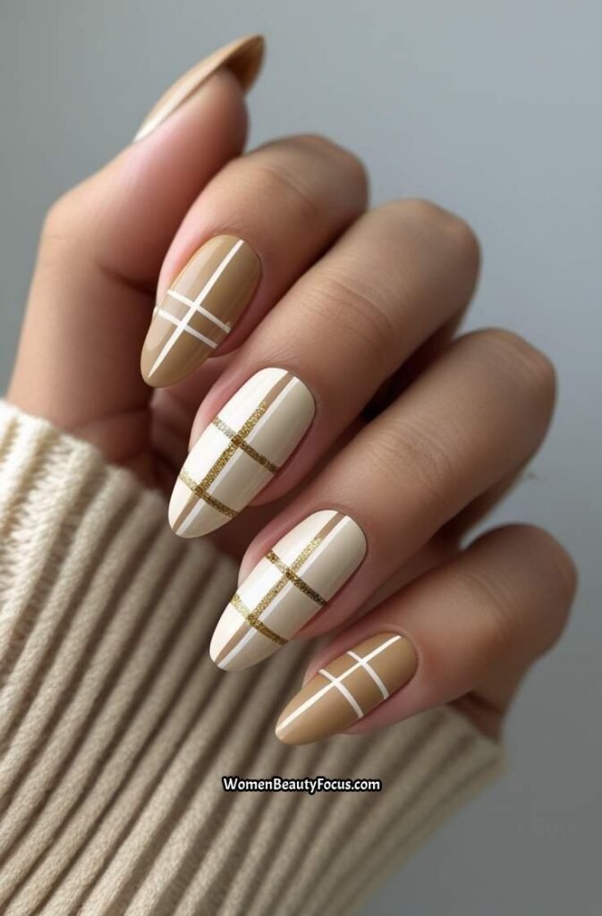 12. Beige Plaid Nails with Glitter Lines
