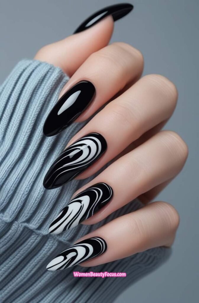 12. Black and Transparent Swirl Nails