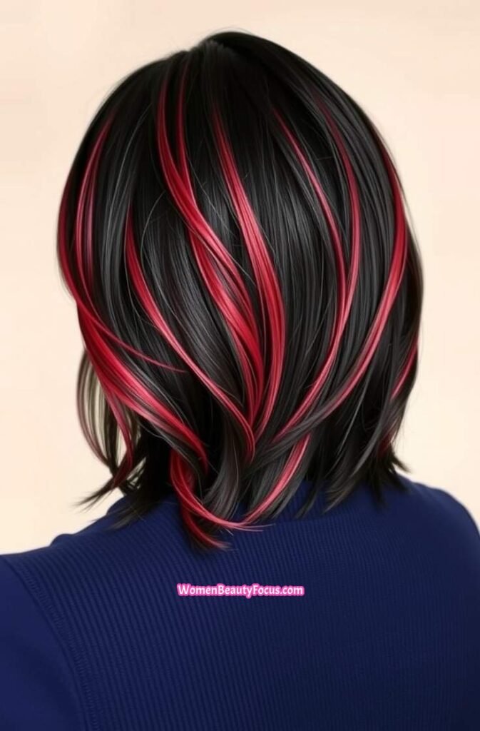 12. Bright Red Highlights on Black Medium Hair Back View 1