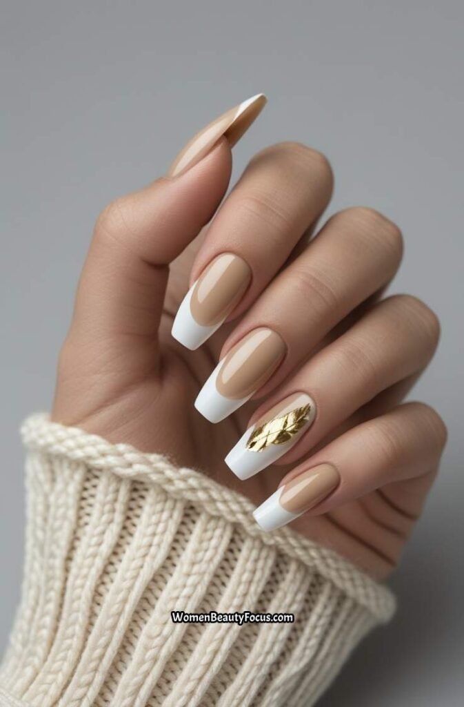 12. Champagne French Tips with Gold Leaf Details