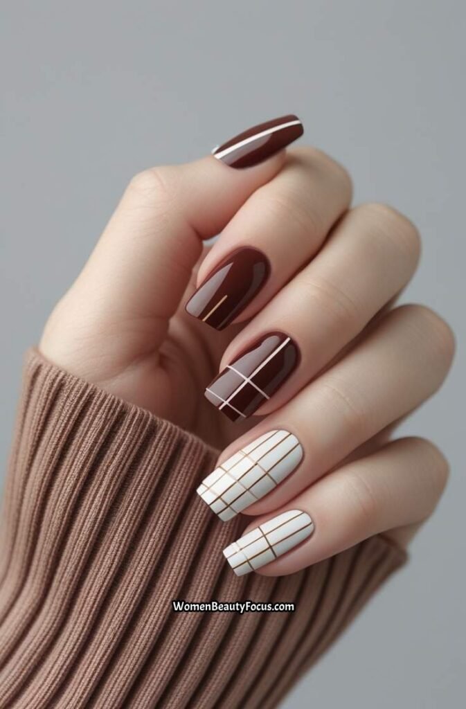 12. Cherry Brown Nails with Geometric Lines