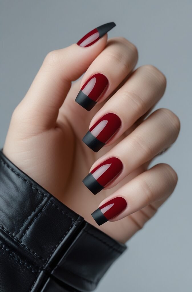 12. Cherry Nails with Matte Black Tips