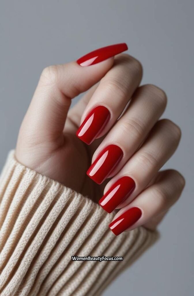 12. Cherry Red Square Nails with Glossy Shine