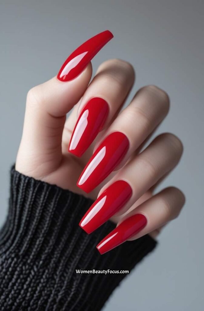 12. Classic Red Coffin Nails with High Gloss Finish