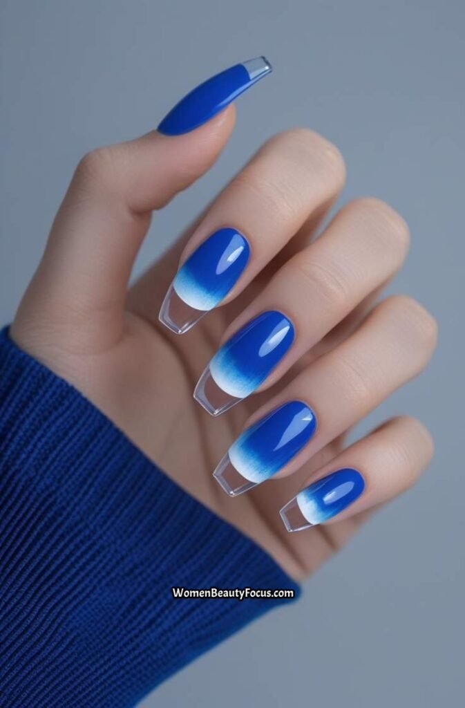 12. Cobalt Blue Nails with Clear Tips