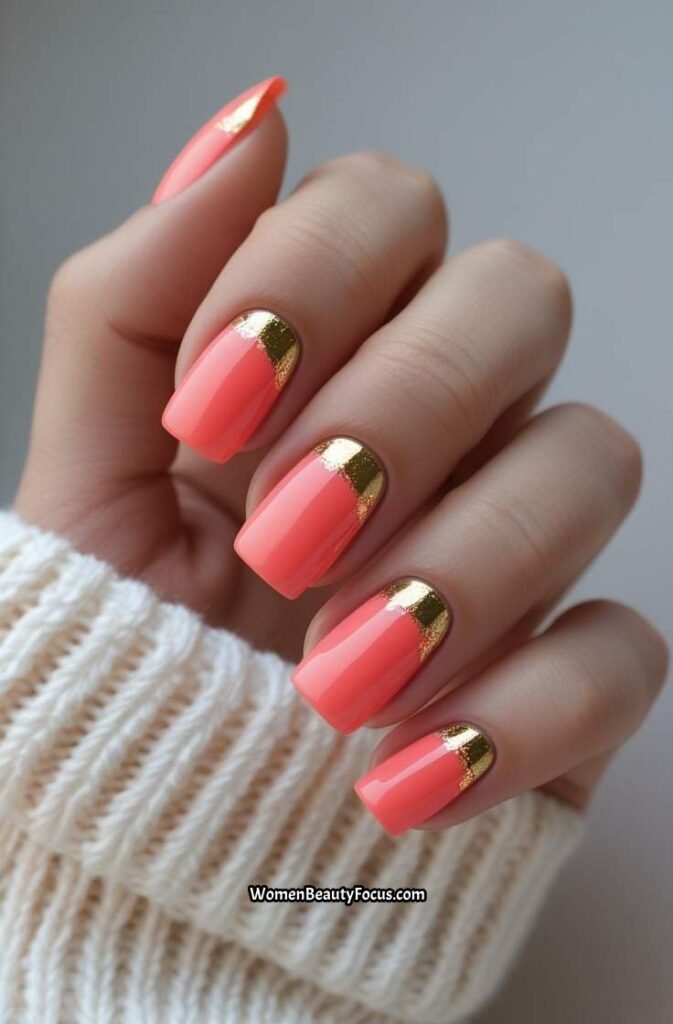 12. Coral Pink and Gold Accent Nails