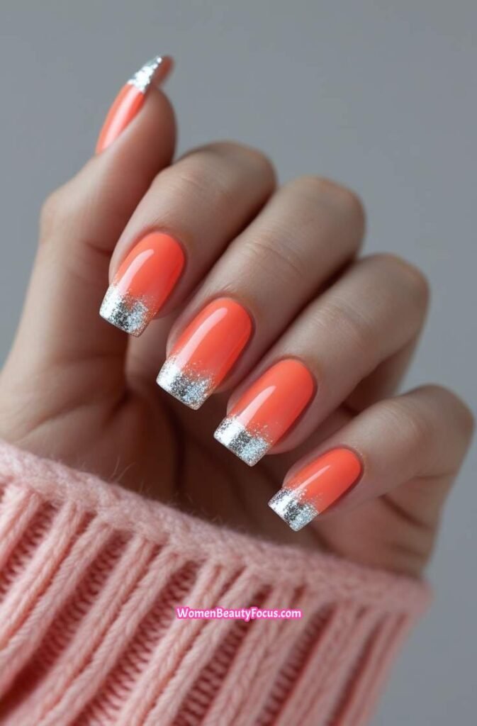 12. Coral Square Nails with Silver Glitter Tips