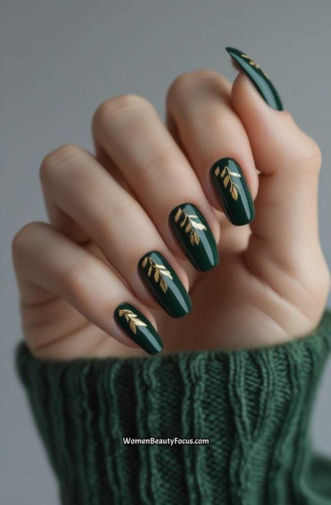 12. Deep Forest Green Nails with Gold Leaf Accents
