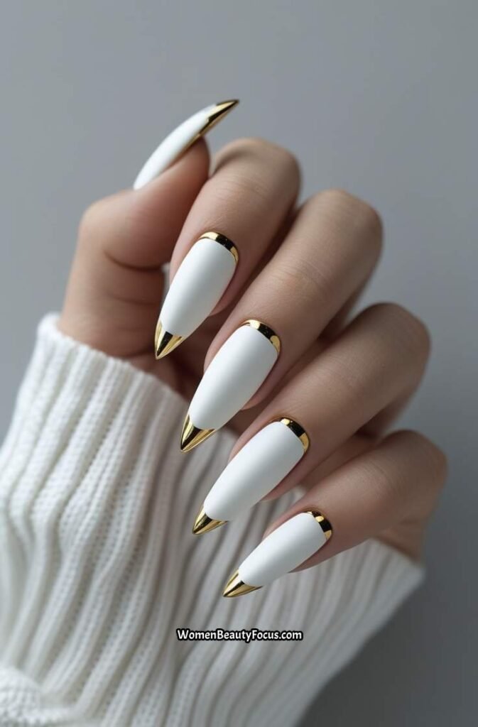 12. Elegant Matte White and Gold Nails
