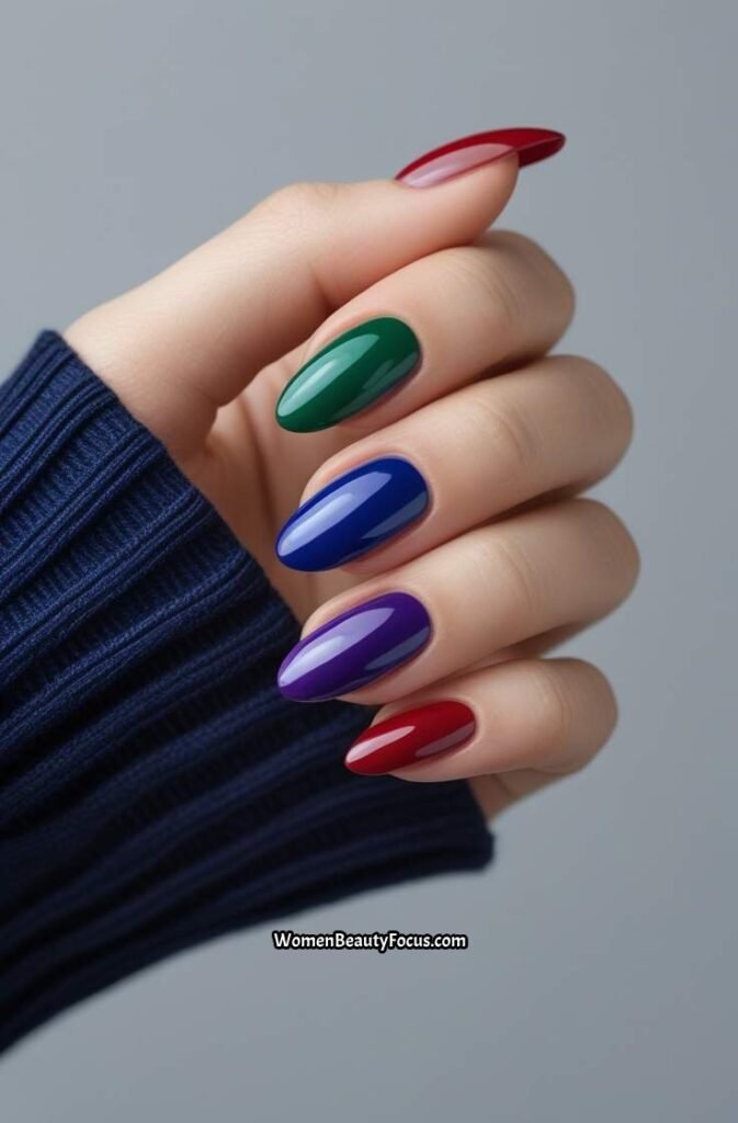 12. Jewel Tone Nails in Mixed Colors
