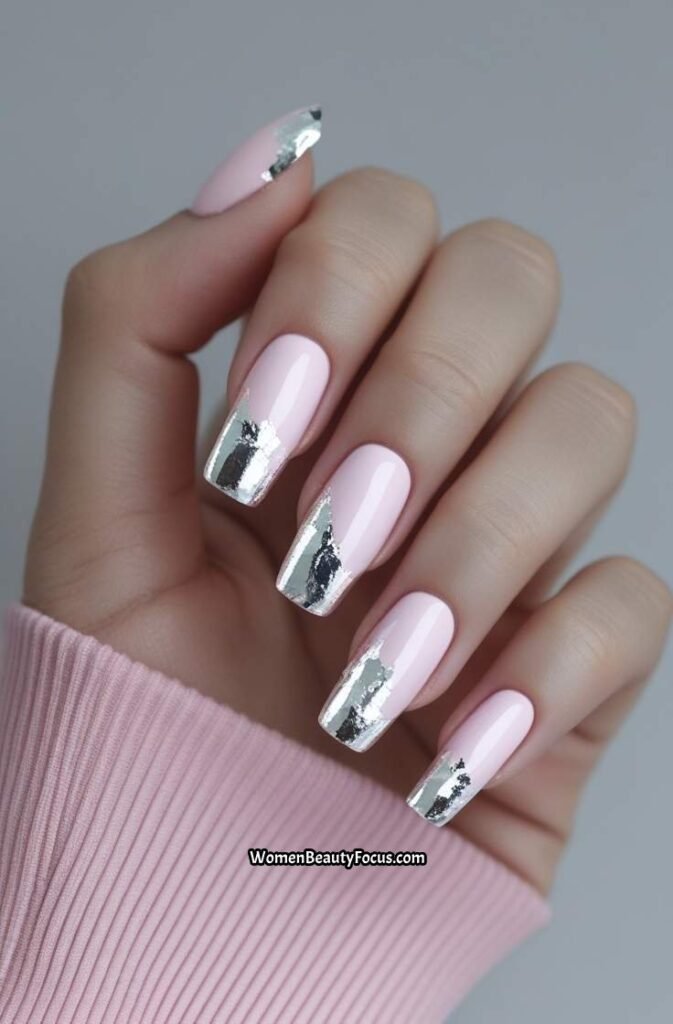 12. Light Pink Nails with Fine Silver Foil