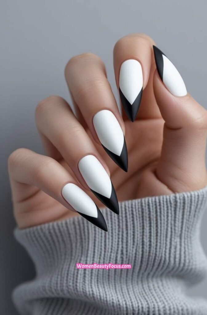 12. Matte White Stiletto Nails with Black Tips 12 IMGCentury